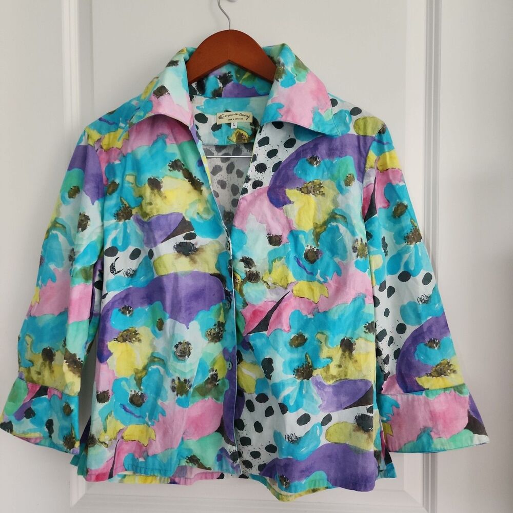 Vintage Georgina von Etzdorf Button Up Shirt Womens Size L Blue Floral England